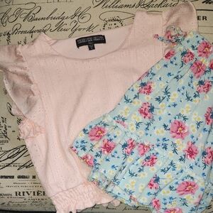 Three Hearts Pink Top with Blue Floral Ruffle Accent